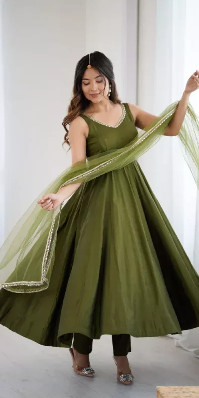 KB 285 Mahendi in Roman Silk Chanderi Mirror Work & Lace Work Gown . Best Price ₹1929. Delivery 4-6 Working Days. Shop now. | Designer Suits, Jump Suits, Casual Suits, Creative suits, Palazzo Suits, Party Wear Suits, Patiala Suits, Salwar suit, Straight Suits