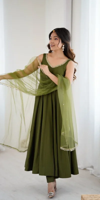 KB 285 Mahendi in Roman Silk Chanderi Mirror Work & Lace Work Gown . Best Price ₹1929. Delivery 4-6 Working Days. Shop now. | Designer Suits, Jump Suits, Casual Suits, Creative suits, Palazzo Suits, Party Wear Suits, Patiala Suits, Salwar suit, Straight Suits