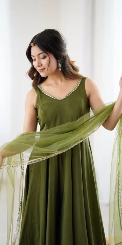 KB 285 Mahendi in Roman Silk Chanderi Mirror Work & Lace Work Gown . Best Price ₹1929. Delivery 4-6 Working Days. Shop now. | Designer Suits, Jump Suits, Casual Suits, Creative suits, Palazzo Suits, Party Wear Suits, Patiala Suits, Salwar suit, Straight Suits