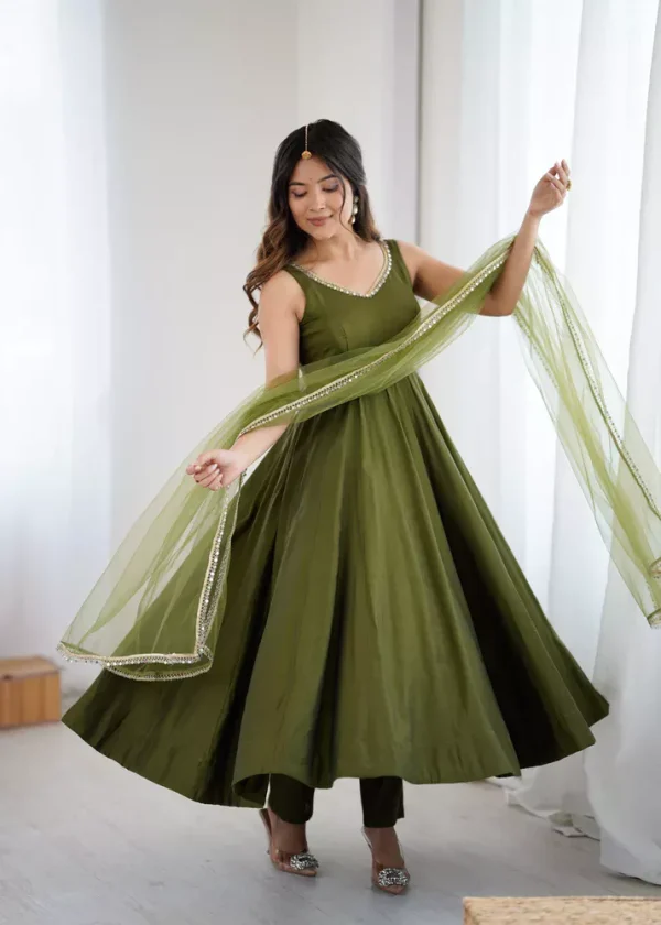 Mahendi Roman Silk Chanderi Mirror Work Gown
