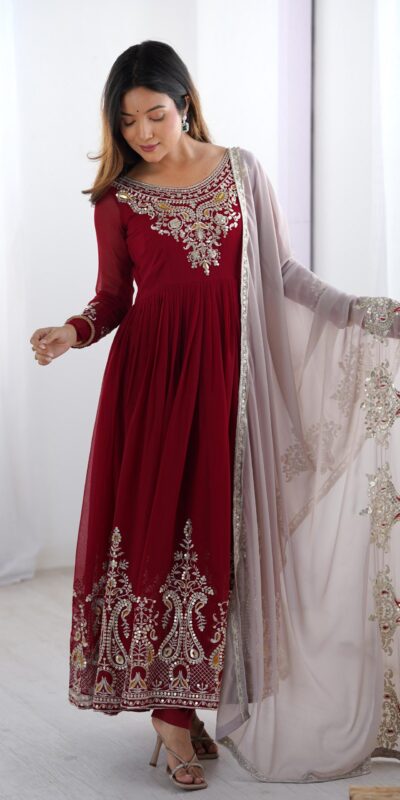 ZF 5008 Maroon Georgette Gown with Embroidery Work. Wedding, Party, Festive, Events, Special Price ₹2049. Delivery 4-6 Working Days. Shop now. | Designer Suits, Jump Suits, Casual Suits, Creative suits, Palazzo Suits, Party Wear Suits, Patiala Suits, Salwar suit, Straight Suits