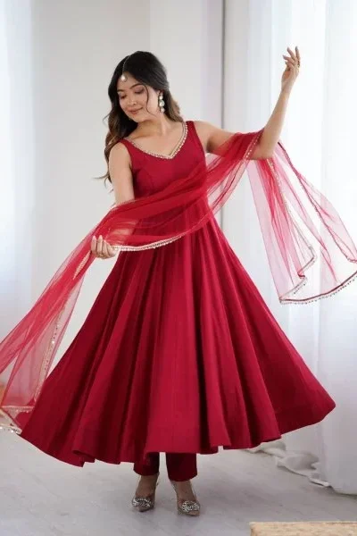 KB 285 Maroon in Roman Silk Chanderi Mirror Work & Lace Work Gown . Best Price ₹1929. Delivery 4-6 Working Days. Shop now. | Designer Suits, Jump Suits, Casual Suits, Creative suits, Palazzo Suits, Party Wear Suits, Patiala Suits, Salwar suit, Straight Suits