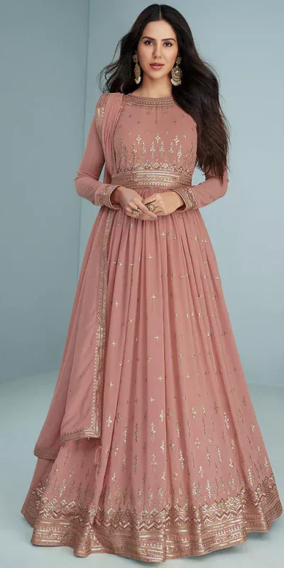 FC 9293 Peach Georgette Salwar Suit with Embroidery Work. Wedding, Party, Festive, Events, Now at just ₹2649. Delivery 4-6 Working Days. Shop now. | Designer Suits, Jump Suits, Casual Suits, Creative suits, Palazzo Suits, Party Wear Suits, Patiala Suits, Salwar suit, Straight Suits