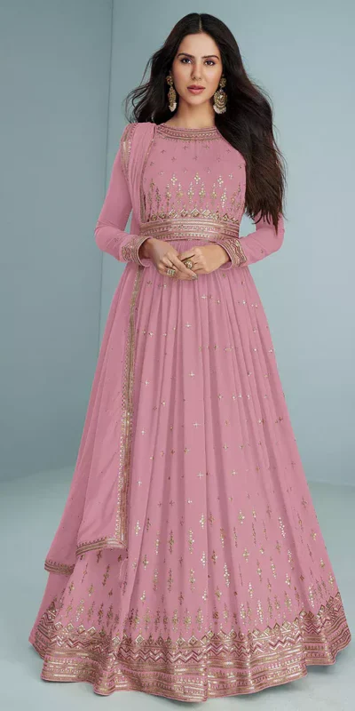 FC 9293 Pink Georgette Salwar Suit with Embroidery Work. Wedding, Party, Festive, Events, Now at just ₹2649. Delivery 4-6 Working Days. Shop now. | Designer Suits, Jump Suits, Casual Suits, Creative suits, Palazzo Suits, Party Wear Suits, Patiala Suits, Salwar suit, Straight Suits