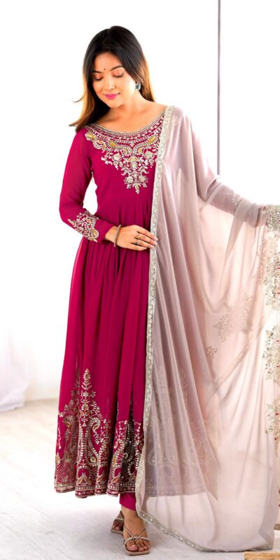 ZF 5008 Pink Georgette Gown with Embroidery Work. Wedding, Party, Festive, Events, Special Price ₹2049. Delivery 4-6 Working Days. Shop now. | Designer Suits, Jump Suits, Casual Suits, Creative suits, Palazzo Suits, Party Wear Suits, Patiala Suits, Salwar suit, Straight Suits