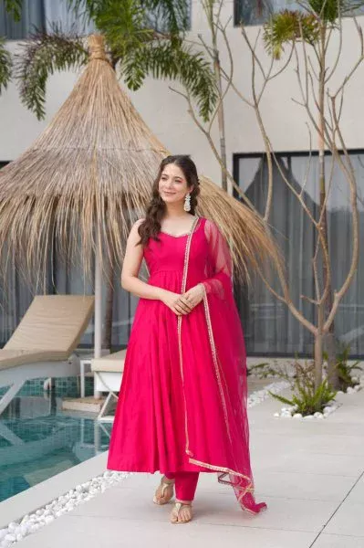 KB 285 Rani Pink in Roman Silk Chanderi Mirror Work & Lace Work Gown . Best Price ₹1929. Delivery 4-6 Working Days. Shop now. | Designer Suits, Jump Suits, Casual Suits, Creative suits, Palazzo Suits, Party Wear Suits, Patiala Suits, Salwar suit, Straight Suits