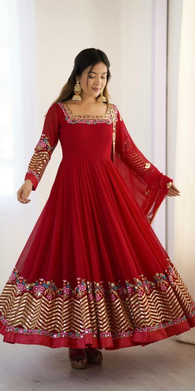 ZF 5010 Red Georgette Gown Perfect for Wedding, Party, Pooja, Ethnic Day, Karwa Chauth – . Best Price ₹2049. Delivery 4-6 Working Days. Shop now. | Designer Suits, Jump Suits, Casual Suits, Creative suits, Palazzo Suits, Party Wear Suits, Patiala Suits, Salwar suit, Straight Suits