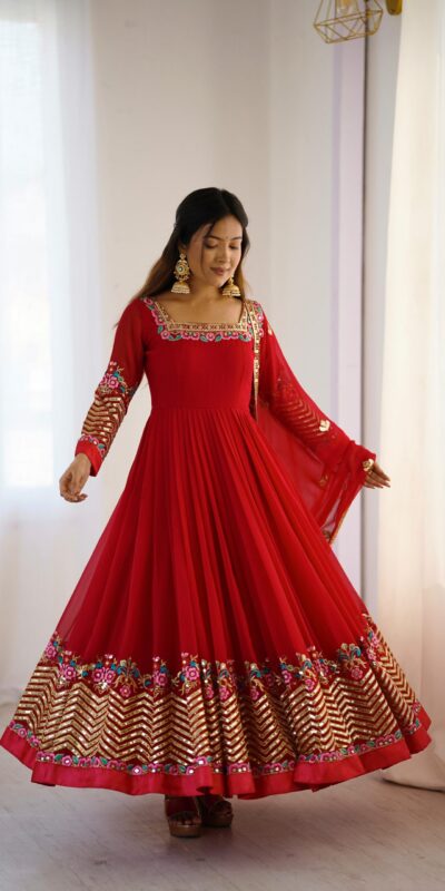 ZF 5010 Red Georgette Gown Perfect for Wedding, Party, Pooja, Ethnic Day, Karwa Chauth – . Best Price ₹2049. Delivery 4-6 Working Days. Shop now. | Designer Suits, Jump Suits, Casual Suits, Creative suits, Palazzo Suits, Party Wear Suits, Patiala Suits, Salwar suit, Straight Suits