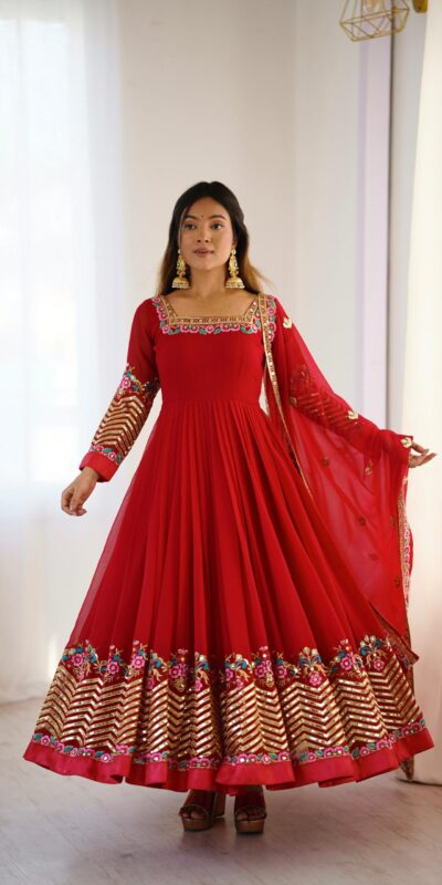 ZF 5010 Red Georgette Gown Perfect for Wedding, Party, Pooja, Ethnic Day, Karwa Chauth – . Best Price ₹2049. Delivery 4-6 Working Days. Shop now. | Designer Suits, Jump Suits, Casual Suits, Creative suits, Palazzo Suits, Party Wear Suits, Patiala Suits, Salwar suit, Straight Suits
