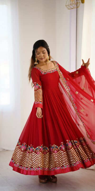ZF 5010 Red Georgette Gown Perfect for Wedding, Party, Pooja, Ethnic Day, Karwa Chauth – . Best Price ₹2049. Delivery 4-6 Working Days. Shop now. | Designer Suits, Jump Suits, Casual Suits, Creative suits, Palazzo Suits, Party Wear Suits, Patiala Suits, Salwar suit, Straight Suits