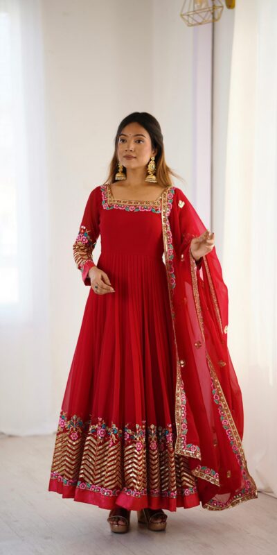 ZF 5010 Red Georgette Gown Perfect for Wedding, Party, Pooja, Ethnic Day, Karwa Chauth – . Best Price ₹2049. Delivery 4-6 Working Days. Shop now. | Designer Suits, Jump Suits, Casual Suits, Creative suits, Palazzo Suits, Party Wear Suits, Patiala Suits, Salwar suit, Straight Suits