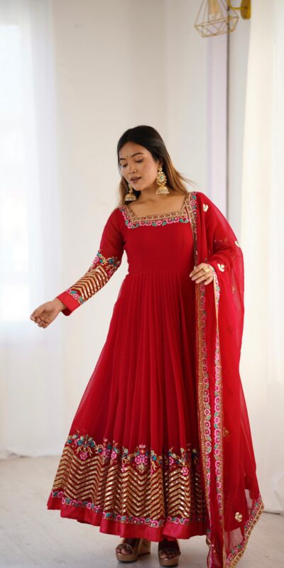 ZF 5010 Red Georgette Gown Perfect for Wedding, Party, Pooja, Ethnic Day, Karwa Chauth – . Best Price ₹2049. Delivery 4-6 Working Days. Shop now. | Designer Suits, Jump Suits, Casual Suits, Creative suits, Palazzo Suits, Party Wear Suits, Patiala Suits, Salwar suit, Straight Suits
