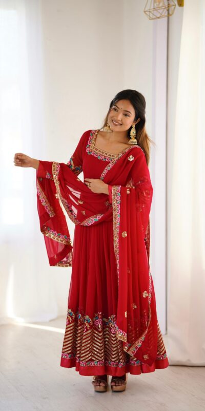 ZF 5010 Red Georgette Gown Perfect for Wedding, Party, Pooja, Ethnic Day, Karwa Chauth – . Best Price ₹2049. Delivery 4-6 Working Days. Shop now. | Designer Suits, Jump Suits, Casual Suits, Creative suits, Palazzo Suits, Party Wear Suits, Patiala Suits, Salwar suit, Straight Suits
