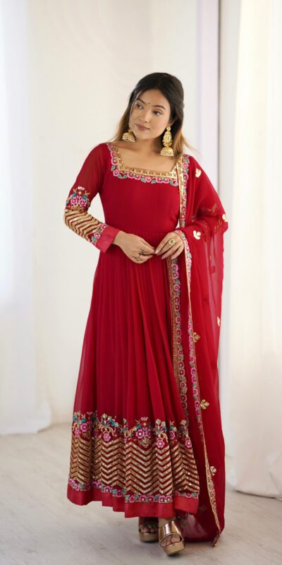 ZF 5010 Red Georgette Gown Perfect for Wedding, Party, Pooja, Ethnic Day, Karwa Chauth – . Best Price ₹2049. Delivery 4-6 Working Days. Shop now. | Designer Suits, Jump Suits, Casual Suits, Creative suits, Palazzo Suits, Party Wear Suits, Patiala Suits, Salwar suit, Straight Suits