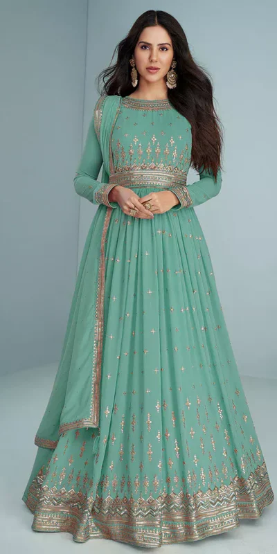 FC 9293 Sea Green Georgette Salwar Suit with Embroidery Work. Wedding, Party, Festive, Events, Now at just ₹2649. Delivery 4-6 Working Days. Shop now. | Designer Suits, Jump Suits, Casual Suits, Creative suits, Palazzo Suits, Party Wear Suits, Patiala Suits, Salwar suit, Straight Suits