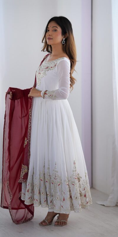 ZF 5008 White Georgette Gown with Embroidery Work. Wedding, Party, Festive, Events, Special Price ₹2049. Delivery 4-6 Working Days. Shop now. | Designer Suits, Jump Suits, Casual Suits, Creative suits, Palazzo Suits, Party Wear Suits, Patiala Suits, Salwar suit, Straight Suits