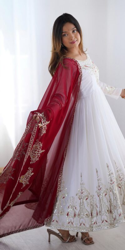 ZF 5008 White Georgette Gown with Embroidery Work. Wedding, Party, Festive, Events, Special Price ₹2049. Delivery 4-6 Working Days. Shop now. | Designer Suits, Jump Suits, Casual Suits, Creative suits, Palazzo Suits, Party Wear Suits, Patiala Suits, Salwar suit, Straight Suits