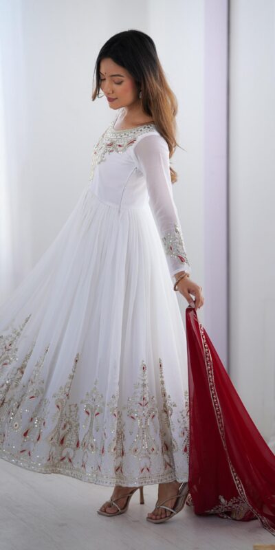 ZF 5008 White Georgette Gown with Embroidery Work. Wedding, Party, Festive, Events, Special Price ₹2049. Delivery 4-6 Working Days. Shop now. | Designer Suits, Jump Suits, Casual Suits, Creative suits, Palazzo Suits, Party Wear Suits, Patiala Suits, Salwar suit, Straight Suits