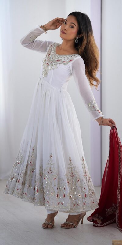ZF 5008 White Georgette Gown with Embroidery Work. Wedding, Party, Festive, Events, Special Price ₹2049. Delivery 4-6 Working Days. Shop now. | Designer Suits, Jump Suits, Casual Suits, Creative suits, Palazzo Suits, Party Wear Suits, Patiala Suits, Salwar suit, Straight Suits