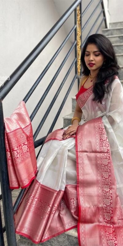 KPR 148 White Soft Lichi Silk Saree Perfect for Wedding, Party, Mehendi, Ganesh Chaturthi, Raksha Bandhan – . Introductory Price ₹1449. Delivery 4-6 | Bollywood Sarees, Creative Sarees, Designer Sarees, Embroidered Sarees, Ethnic Saree, Modern Digital sarees, Party Wear Sarees, Sarees