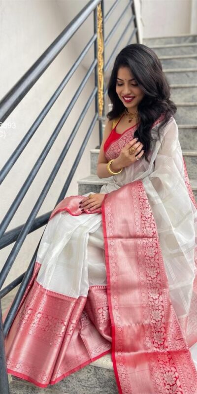 KPR 148 White Soft Lichi Silk Saree Perfect for Wedding, Party, Mehendi, Ganesh Chaturthi, Raksha Bandhan – . Introductory Price ₹1449. Delivery 4-6 | Bollywood Sarees, Creative Sarees, Designer Sarees, Embroidered Sarees, Ethnic Saree, Modern Digital sarees, Party Wear Sarees, Sarees