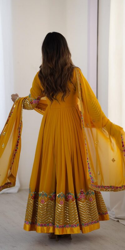 ZF 5010 Yellow Georgette Gown Perfect for Wedding, Party, Pooja, Ethnic Day, Karwa Chauth – . Best Price ₹2049. Delivery 4-6 Working Days. Shop now. | Designer Suits, Jump Suits, Casual Suits, Creative suits, Palazzo Suits, Party Wear Suits, Patiala Suits, Salwar suit, Straight Suits