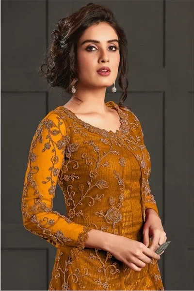FC 4592 Yellow Net Salwar Suit with Stone Work. Wedding, Party, Festive, Events, Now at just ₹2449. Delivery 4-6 Working Days. Shop now. | Jump Suits, Straight Suits, Casual Suits, Creative suits, Designer Suits, Palazzo Suits, Party Wear Suits, Patiala Suits, Salwar suit