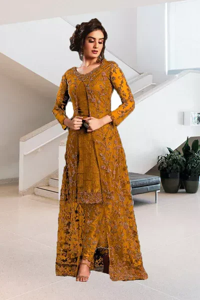 FC 4592 Yellow Net Salwar Suit with Stone Work. Wedding, Party, Festive, Events, Now at just ₹2449. Delivery 4-6 Working Days. Shop now. | Jump Suits, Straight Suits, Casual Suits, Creative suits, Designer Suits, Palazzo Suits, Party Wear Suits, Patiala Suits, Salwar suit