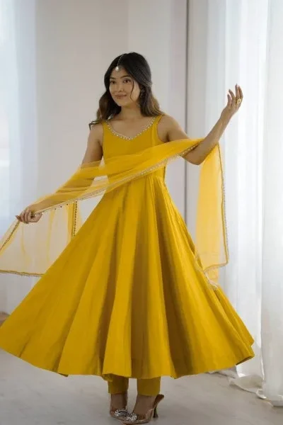 KB 285 Yellow in Roman Silk Chanderi Mirror Work & Lace Work Gown . Best Price ₹1929. Delivery 4-6 Working Days. Shop now. | Designer Suits, Jump Suits, Casual Suits, Creative suits, Palazzo Suits, Party Wear Suits, Patiala Suits, Salwar suit, Straight Suits