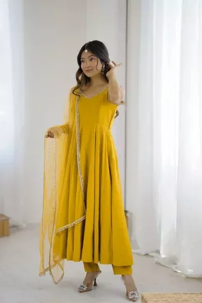 KB 285 Yellow in Roman Silk Chanderi Mirror Work & Lace Work Gown . Best Price ₹1929. Delivery 4-6 Working Days. Shop now. | Designer Suits, Jump Suits, Casual Suits, Creative suits, Palazzo Suits, Party Wear Suits, Patiala Suits, Salwar suit, Straight Suits