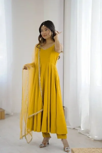KB 285 Yellow in Roman Silk Chanderi Mirror Work & Lace Work Gown . Best Price ₹1929. Delivery 4-6 Working Days. Shop now. | Designer Suits, Jump Suits, Casual Suits, Creative suits, Palazzo Suits, Party Wear Suits, Patiala Suits, Salwar suit, Straight Suits