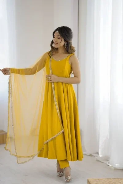 KB 285 Yellow in Roman Silk Chanderi Mirror Work & Lace Work Gown . Best Price ₹1929. Delivery 4-6 Working Days. Shop now. | Designer Suits, Jump Suits, Casual Suits, Creative suits, Palazzo Suits, Party Wear Suits, Patiala Suits, Salwar suit, Straight Suits