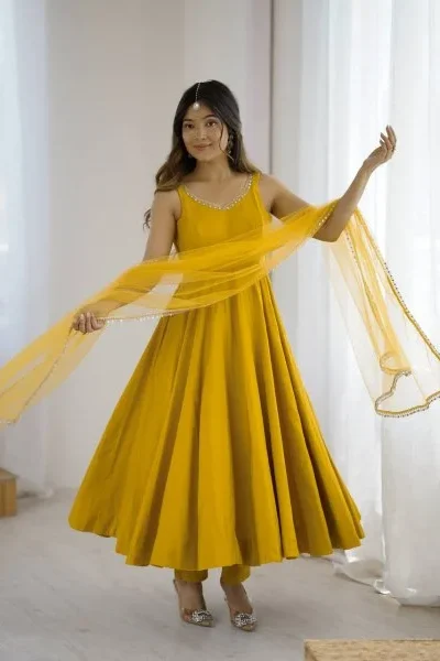 KB 285 Yellow in Roman Silk Chanderi Mirror Work & Lace Work Gown . Best Price ₹1929. Delivery 4-6 Working Days. Shop now. | Designer Suits, Jump Suits, Casual Suits, Creative suits, Palazzo Suits, Party Wear Suits, Patiala Suits, Salwar suit, Straight Suits