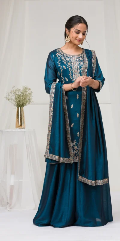 FC 2102 Peacock Blue Blooming Vichitra Salwar Suit with Embroidery Work. Festive Deal ₹2549. Delivery 4-6 Working Days. Shop now. | Designer Suits, Jump Suits, Tops & Bottoms, Track Suits, Trendy Wear, Casual Suits, Creative suits, Palazzo Suits, Party Wear Suits, Patiala Suits, Salwar suit, Straight Suits