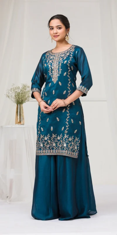 FC 2102 Peacock Blue Blooming Vichitra Salwar Suit with Embroidery Work. Festive Deal ₹2549. Delivery 4-6 Working Days. Shop now. | Designer Suits, Jump Suits, Tops & Bottoms, Track Suits, Trendy Wear, Casual Suits, Creative suits, Palazzo Suits, Party Wear Suits, Patiala Suits, Salwar suit, Straight Suits