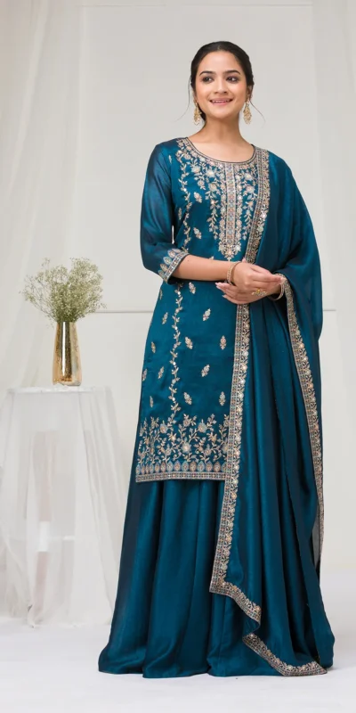 FC 2102 Peacock Blue Blooming Vichitra Salwar Suit with Embroidery Work. Festive Deal ₹2549. Delivery 4-6 Working Days. Shop now. | Designer Suits, Jump Suits, Tops & Bottoms, Track Suits, Trendy Wear, Casual Suits, Creative suits, Palazzo Suits, Party Wear Suits, Patiala Suits, Salwar suit, Straight Suits