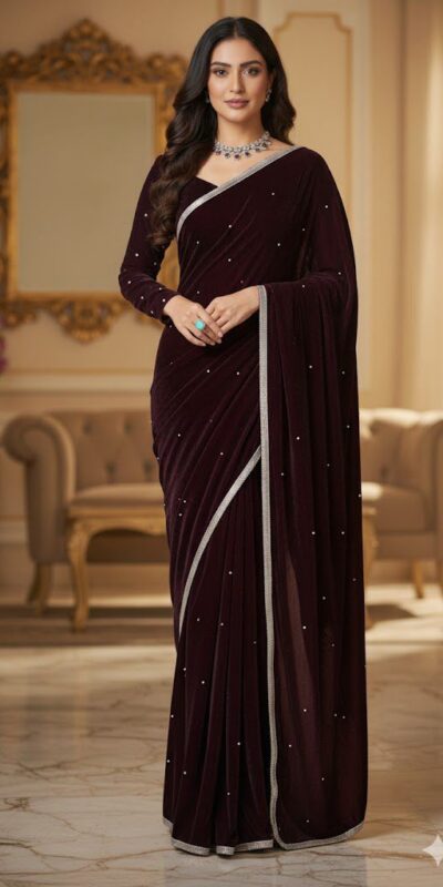 BD 1798 Wine Velvet 9000 with Revert Machine Pearl Work Saree Designer Work. Get it for ₹2049. Delivery 4-6 Working Days. Shop now. | Bollywood Sarees, Creative Sarees, Designer Sarees, Embroidered Sarees, Ethnic Saree, Modern Digital sarees, Party Wear Sarees, Sarees