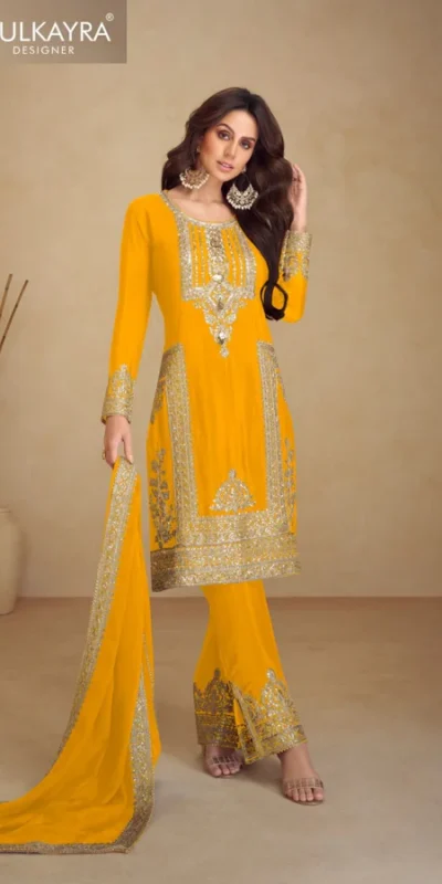 FC GULKAYRA 7473 Yellow Chinon Salwar Suit Perfect for Wedding, Party, Durga Puja, Eid, Sangeet – . Grab it for ₹3199. Delivery 4-6 Working Days. | Designer Suits, Jump Suits, Tops & Bottoms, Track Suits, Trendy Wear, Casual Suits, Creative suits, Palazzo Suits, Party Wear Suits, Patiala Suits, Salwar suit, Straight Suits