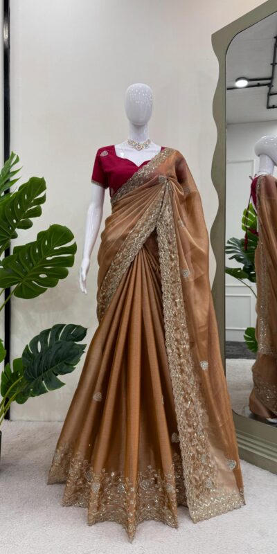 KD 566 Brown Burberry Silk Sequence work Saree with Designer Work. Special Price ₹1949. Delivery 4-6 Working Days. Shop now. | Bollywood Sarees, Creative Sarees, Designer Sarees, Embroidered Sarees, Ethnic Saree, Modern Digital sarees, Party Wear Sarees, Sarees