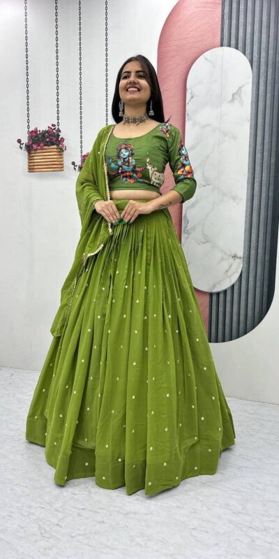 PC 541 Green Cotton Lehenga Choli with Kalamkari Print & Embroidery Work. Introductory Price ₹2099. Delivery 4-6 Working Days. Shop now. | Bollywood Lehenga, Creative Lehenga, Designer Lehenga, Embroidered Lehenga, Lehenga, Party Wear Lehenga