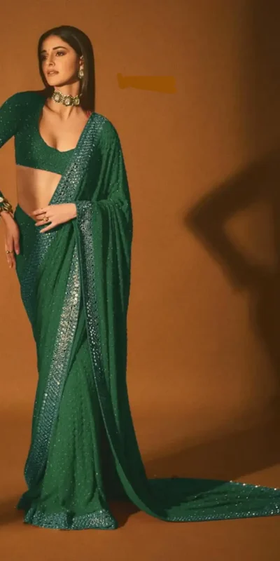 DF 3465 Green Faux Georgette Saree with Embroidery Work & Mirror Work. Affordable Price ₹2099. Delivery 4-6 Working Days. Shop now. | Bollywood Sarees, Creative Sarees, Designer Sarees, Embroidered Sarees, Ethnic Saree, Modern Digital sarees, Party Wear Sarees, Sarees