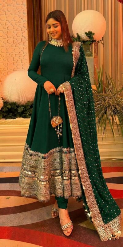 ZSR 3152 Green Color Roman silk Gown with Embroidery Work & Lace Work. Grab it for ₹2599. Delivery 4-6 Working Days. Shop now. | Bollywood Gowns, Creative Gowns, Designer Gowns, Embroidered Gowns, Gowns, Party Wear Gowns