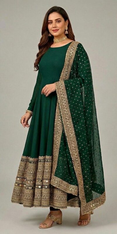 ZSR 3152 Green Color Roman silk Gown with Embroidery Work & Lace Work. Grab it for ₹2599. Delivery 4-6 Working Days. Shop now. | Bollywood Gowns, Creative Gowns, Designer Gowns, Embroidered Gowns, Gowns, Party Wear Gowns