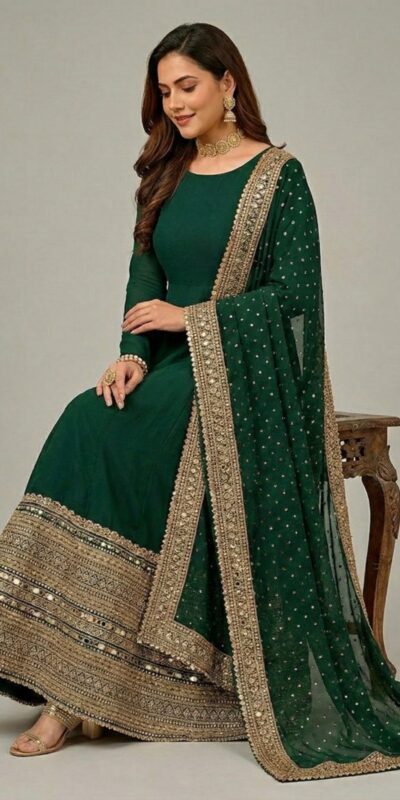 ZSR 3152 Green Color Roman silk Gown with Embroidery Work & Lace Work. Grab it for ₹2599. Delivery 4-6 Working Days. Shop now. | Bollywood Gowns, Creative Gowns, Designer Gowns, Embroidered Gowns, Gowns, Party Wear Gowns