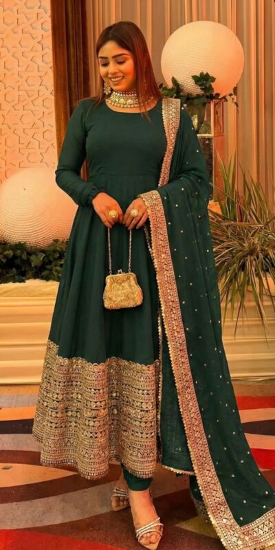 ZSR 3152 Green Color Roman silk Gown with Embroidery Work & Lace Work. Grab it for ₹2599. Delivery 4-6 Working Days. Shop now. | Bollywood Gowns, Creative Gowns, Designer Gowns, Embroidered Gowns, Gowns, Party Wear Gowns
