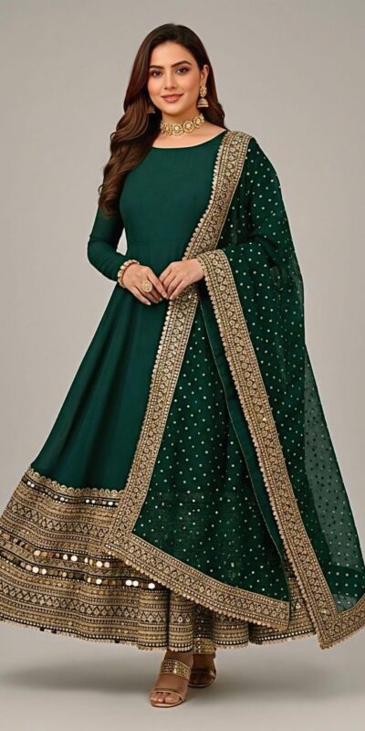 ZSR 3152 Green Color Roman silk Gown with Embroidery Work & Lace Work. Grab it for ₹2599. Delivery 4-6 Working Days. Shop now. | Bollywood Gowns, Creative Gowns, Designer Gowns, Embroidered Gowns, Gowns, Party Wear Gowns