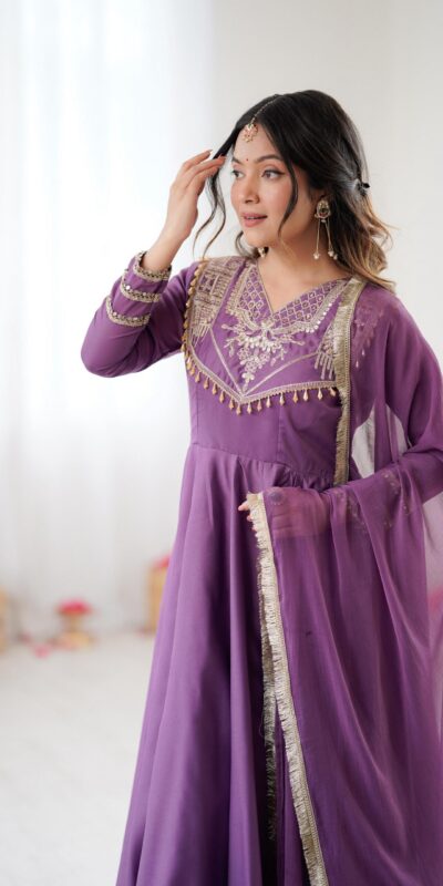 ZSR 3149 Lavender Roman silk Gown Perfect for Wedding, Party, Sangeet, Haldi, Lohri – . Introductory Price ₹2099. Delivery 4-6 Working Days. Shop now. | Bollywood Gowns, Creative Gowns, Designer Gowns, Embroidered Gowns, Gowns, Party Wear Gowns