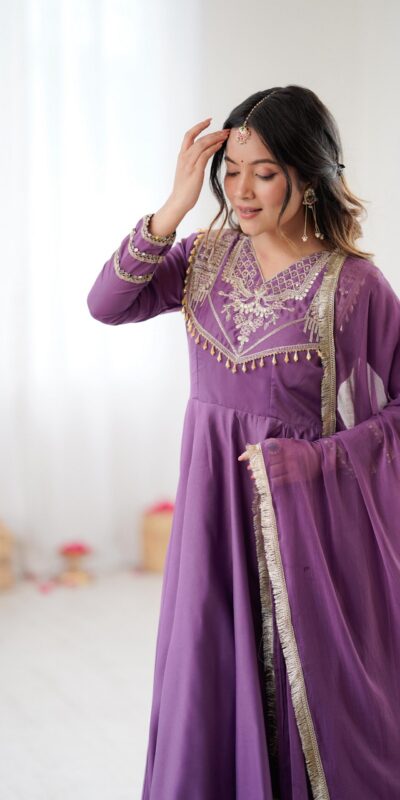 ZSR 3149 Lavender Roman silk Gown Perfect for Wedding, Party, Sangeet, Haldi, Lohri – . Introductory Price ₹2099. Delivery 4-6 Working Days. Shop now. | Bollywood Gowns, Creative Gowns, Designer Gowns, Embroidered Gowns, Gowns, Party Wear Gowns