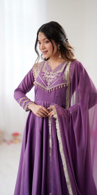 ZSR 3149 Lavender Roman silk Gown Perfect for Wedding, Party, Sangeet, Haldi, Lohri – . Introductory Price ₹2099. Delivery 4-6 Working Days. Shop now. | Bollywood Gowns, Creative Gowns, Designer Gowns, Embroidered Gowns, Gowns, Party Wear Gowns