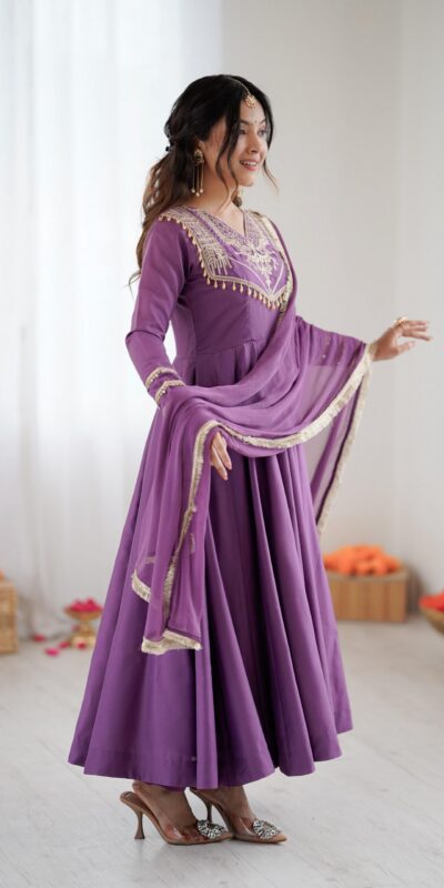 ZSR 3149 Lavender Roman silk Gown Perfect for Wedding, Party, Sangeet, Haldi, Lohri – . Introductory Price ₹2099. Delivery 4-6 Working Days. Shop now. | Bollywood Gowns, Creative Gowns, Designer Gowns, Embroidered Gowns, Gowns, Party Wear Gowns